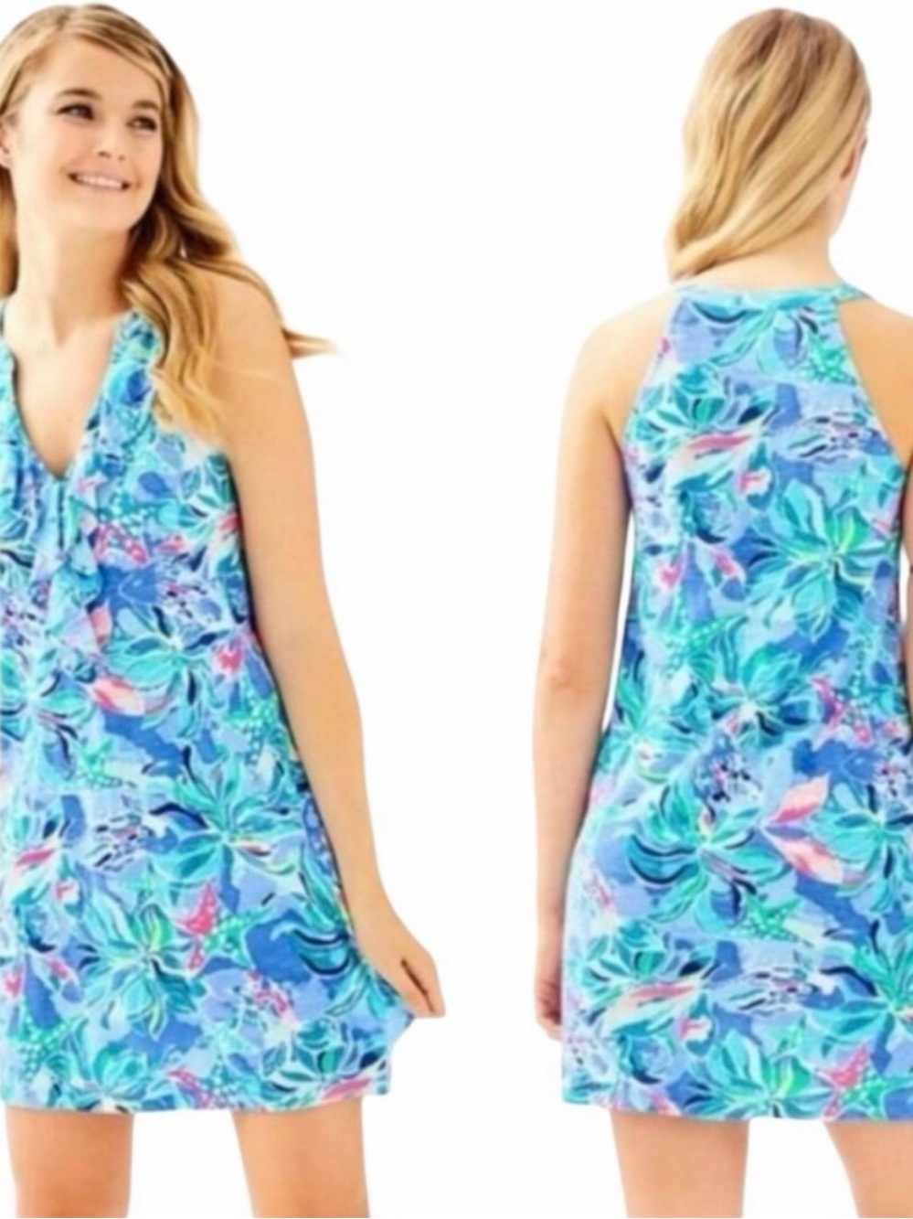 Lilly Pulitzer Shay Dress L Bennet Blue Celestial Seas Ruffle Sleeveless Shift - Picture 2 of 6